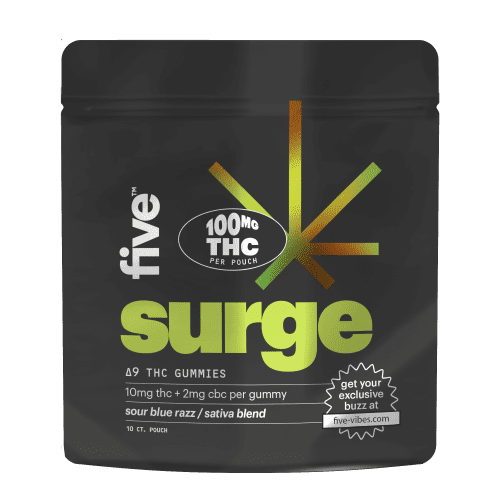 five Surge Sativa Gummies SOURBLUERAZZ10ctSachet RENDER FRONT